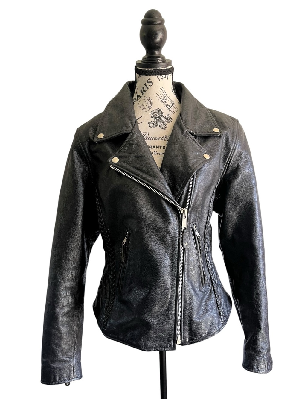 VINTAGE 90s 80s Black Leather Braided Moto Biker Jacket Motorcycle Zip Up Studs